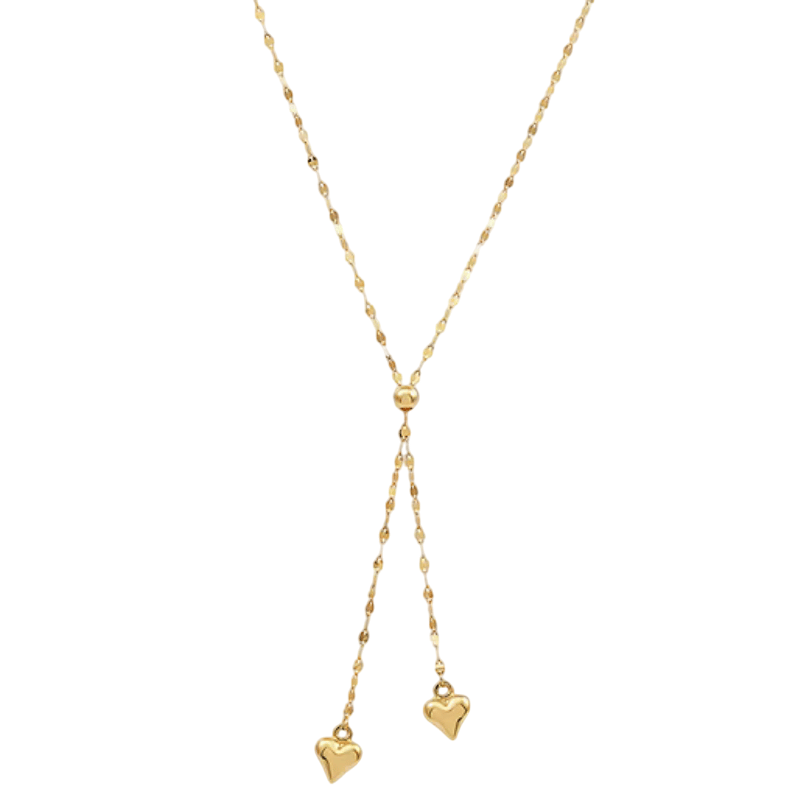 Gold-tone Y-shaped necklace with a delicate chain featuring two heart pendants at the ends.