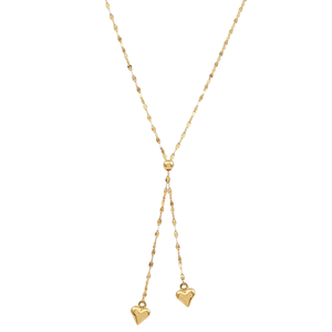 Gold-tone Y-shaped necklace with a delicate chain featuring two heart pendants at the ends.