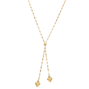 Gold-tone Y-shaped necklace with a delicate chain featuring two heart pendants at the ends.