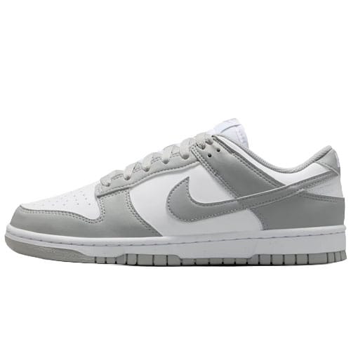 A low-top sneaker in white and grey tones with a distinctive logo on the side, featuring a lace-up design and perforated toe box for breathability.