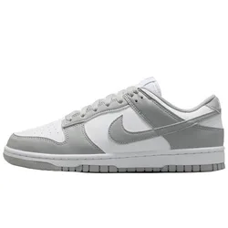 A low-top sneaker in white and grey tones with a distinctive logo on the side, featuring a lace-up design and perforated toe box for breathability.