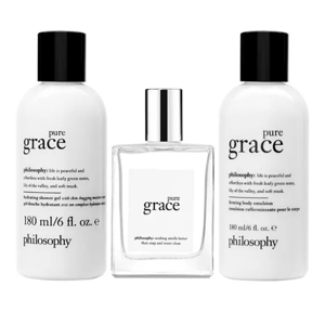 Philosophy Pure Grace set includes hydrating shower gel and firming body emulsion (both 180 ml) alongside a fragrance.