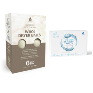 100% Pure New Zealand Wool Dryer Balls with a pack of 6, alongside Laundry Detergent Sheets depicted in a box.