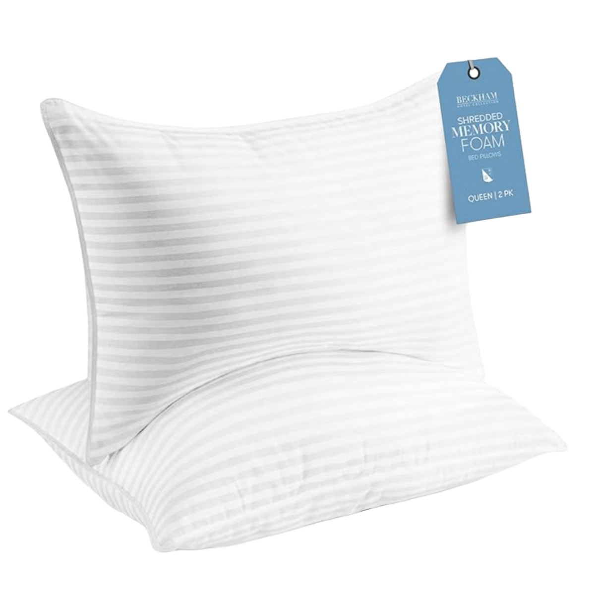 Two white striped pillows with a tag indicating they are \“Queen\“ size, made from shredded memory foam, in a 2-pack.