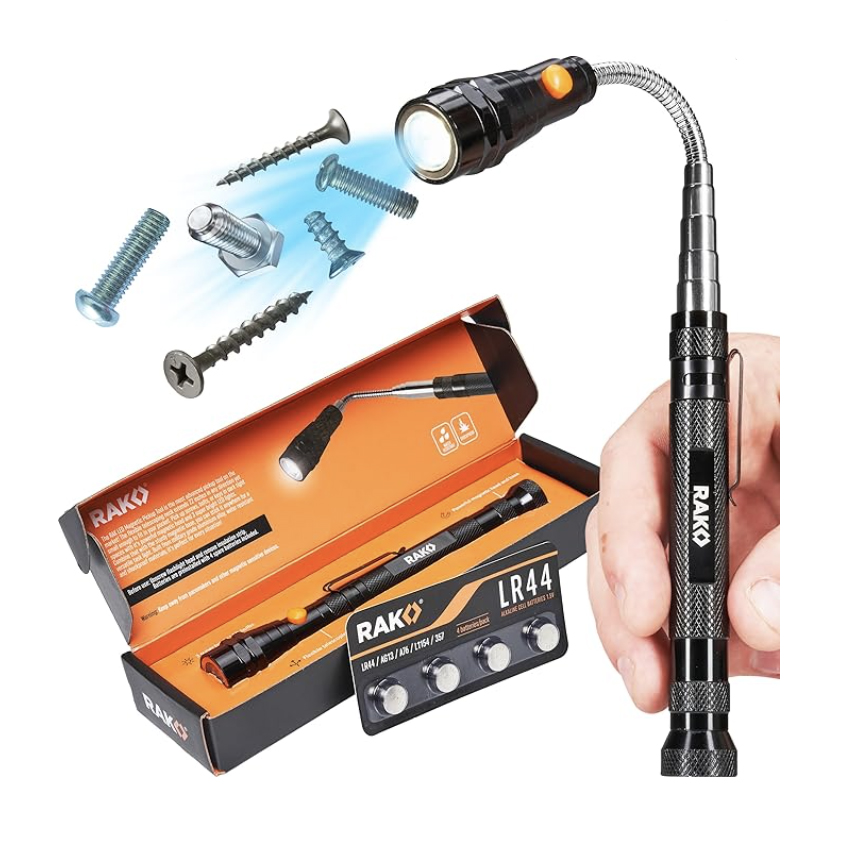 A flexible-neck flashlight with a magnetic pickup tool function and a set of LR44 batteries.