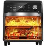 Air fryer oven with digital controls, showing fries on the top rack and chicken with vegetables on the bottom rack, equipped with a temperature probe.