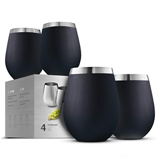 Set of four stainless steel wine glasses with a matte black exterior finish and a visible stainless steel rim.