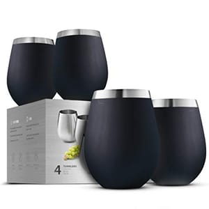 Set of four stainless steel wine glasses with a matte black exterior finish and a visible stainless steel rim.