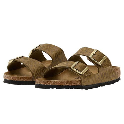 Brown leopard print sandals with two adjustable straps and a cork footbed.