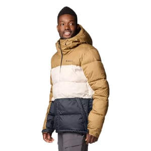 The Columbia Hooded Slope Jacket is a color-blocked puffer jacket featuring tan, white, and dark blue horizontal sections. It includes a hood, zipper-front, and is designed for cold weather with insulated padding.