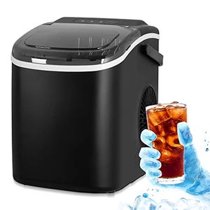 A black portable ice maker with a clear lid on top, alongside a graphic of a hand holding a glass filled with ice cubes.