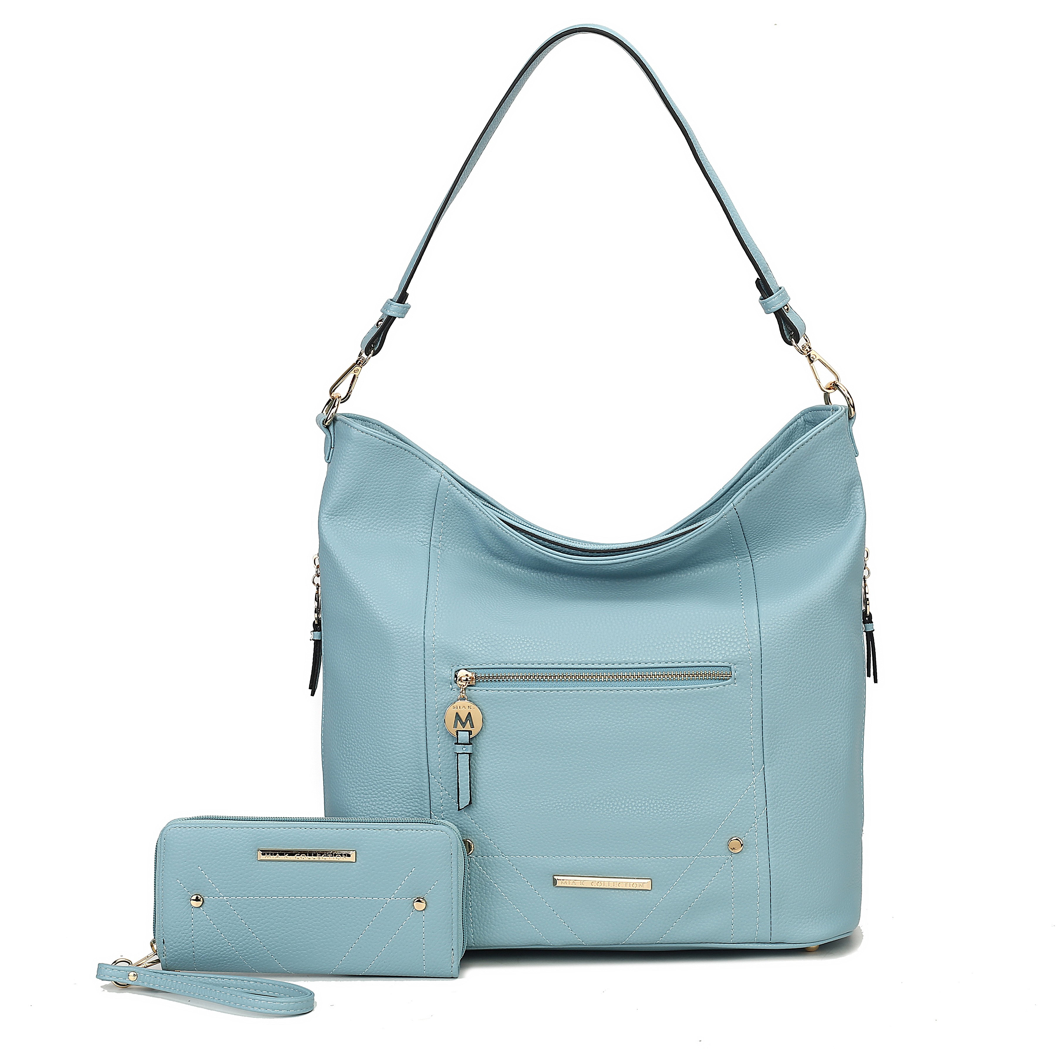 A light blue leather handbag with gold accents, featuring a front zipper pocket and shoulder strap, paired with a matching wristlet wallet.
