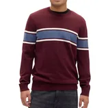 A maroon sweater with blue and white horizontal stripes across the chest and sleeves, paired with dark jeans.
