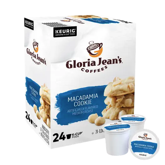Gloria Jean's Coffees Macadamia Cookie medium roast K-Cup pods are shown in a 24-pack box with Keurig compatibility, featuring an artificially flavored coffee.