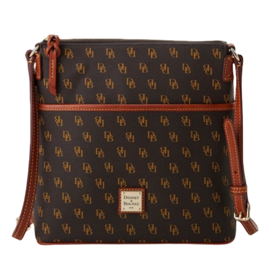 Brown crossbody bag with a monogram pattern featuring \“DB\“ and a red leather trim, by Dooney & Bourke.