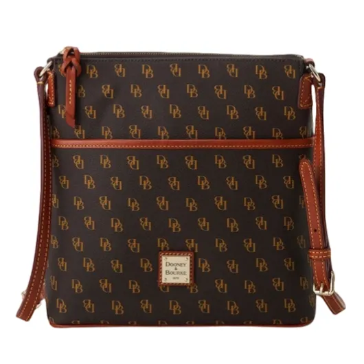Brown crossbody bag with a monogram pattern featuring \“DB\“ and a red leather trim, by Dooney & Bourke.