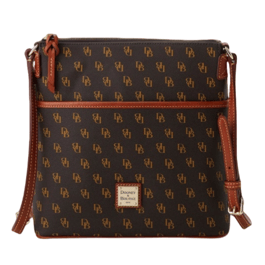 Brown crossbody bag with a monogram pattern featuring \“DB\“ and a red leather trim, by Dooney & Bourke.