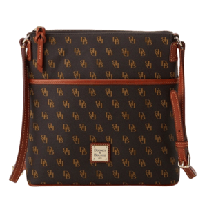 Brown crossbody bag with a monogram pattern featuring \“DB\“ and a red leather trim, by Dooney & Bourke.