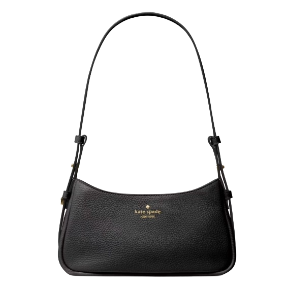 A black Kate Spade New York shoulder bag with a minimalist design and adjustable strap, featuring the brand logo embossed in gold on the front.