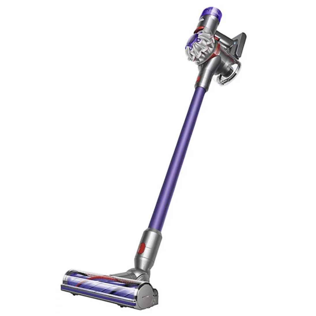 Cordless stick vacuum with a purple wand, featuring multiple attachments including a crevice tool, combination tool, mini motorized tool, soft dusting brush, and a flexible hose.