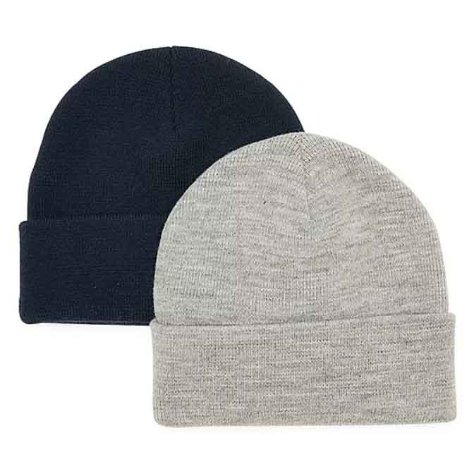 2-pack St. John's Bay Men's Beanie featuring one black and one gray beanie, both with a simple, ribbed knit design and a folded cuff. Ideal for casual and cold-weather wear.