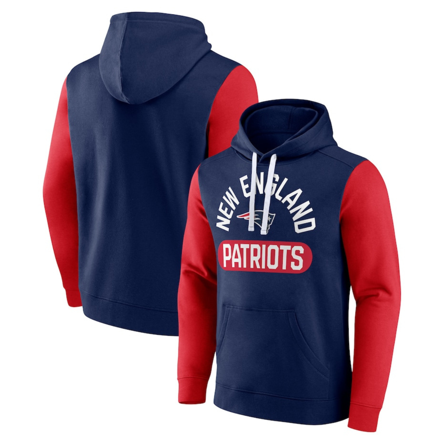 A New England Patriots hoodie with navy body and red sleeves, featuring the team name and logo on the front.