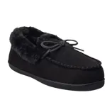 A black moccasin-style slipper with a fuzzy lining and bow detail, featuring a durable rubber sole for comfort.