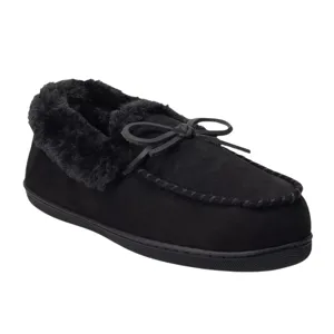 A black moccasin-style slipper with a fuzzy lining and bow detail, featuring a durable rubber sole for comfort.