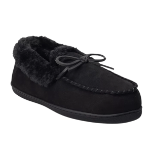 A black moccasin-style slipper with a fuzzy lining and bow detail, featuring a durable rubber sole for comfort.