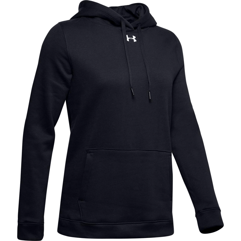 This is a black Under Armour hoodie featuring a hood with drawstrings, a front pouch pocket, and the brand's logo on the upper left chest.