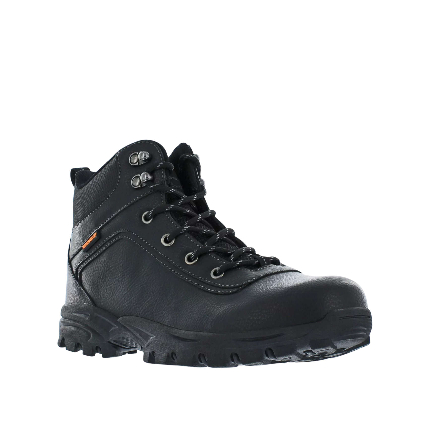 Black hiking boot with rugged tread, lace-up design, and metal eyelets, suitable for outdoor activities.