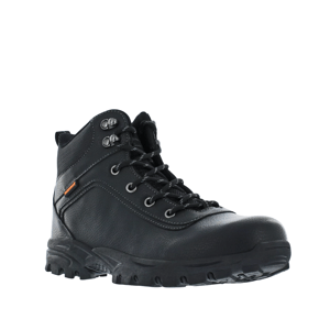 Black hiking boot with rugged tread, lace-up design, and metal eyelets, suitable for outdoor activities.