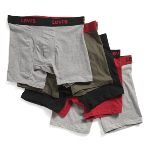 5-pack of Levi's boxer briefs in mixed colors: grey, olive, black, red, and another grey. Each features a branded waistband in black or red with \“Levi's\“ written in contrasting colors.