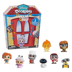 Disney Doorables Pixar Fest Collection features 8 exclusive mini figures, including characters like Wall-E, Eve, and Carl from Pixar films, set in a colorful box shaped like a door.