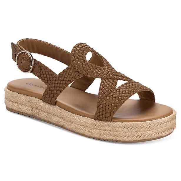 Brown woven strap sandal with a braided jute platform sole and adjustable ankle buckle.
