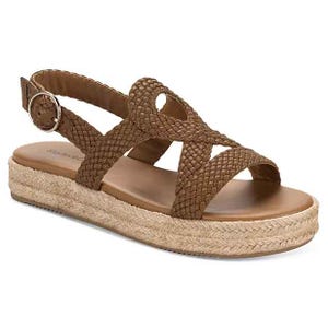 Brown woven strap sandal with a braided jute platform sole and adjustable ankle buckle.