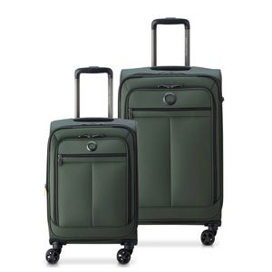 Two green suitcases with telescoping handles and wheels, one larger and one smaller.