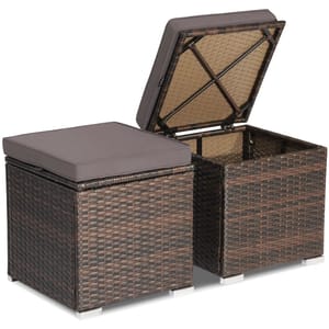 2-pack Sunbrella patio storage ottomans with a handwoven resin wicker design, featuring hinged lids for storage and topped with cushioned seats in a neutral color.
