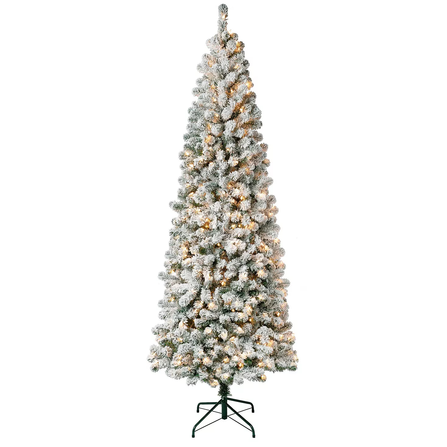 A flocked Christmas tree with built-in lights on a stand, featuring a slim, conical shape.