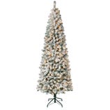 A flocked Christmas tree with built-in lights on a stand, featuring a slim, conical shape.