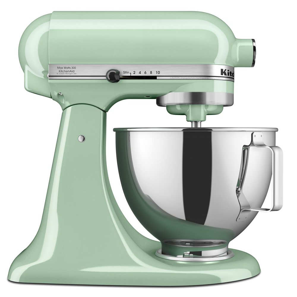 Mint green KitchenAid stand mixer with a stainless steel bowl, featuring a tilting head and speed control dial.