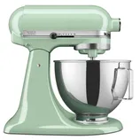 Mint green KitchenAid stand mixer with a stainless steel bowl, featuring a tilting head and speed control dial.