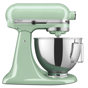 Mint green KitchenAid stand mixer with a stainless steel bowl, featuring a tilting head and speed control dial.