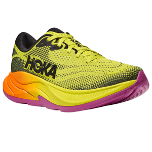 Hoka Women's Rincon 4 Shoes feature a vibrant yellow mesh upper with black accents, a cushioned three-tone sole in orange, yellow, and pink, and the Hoka logo on the side, designed for comfort and performance.
