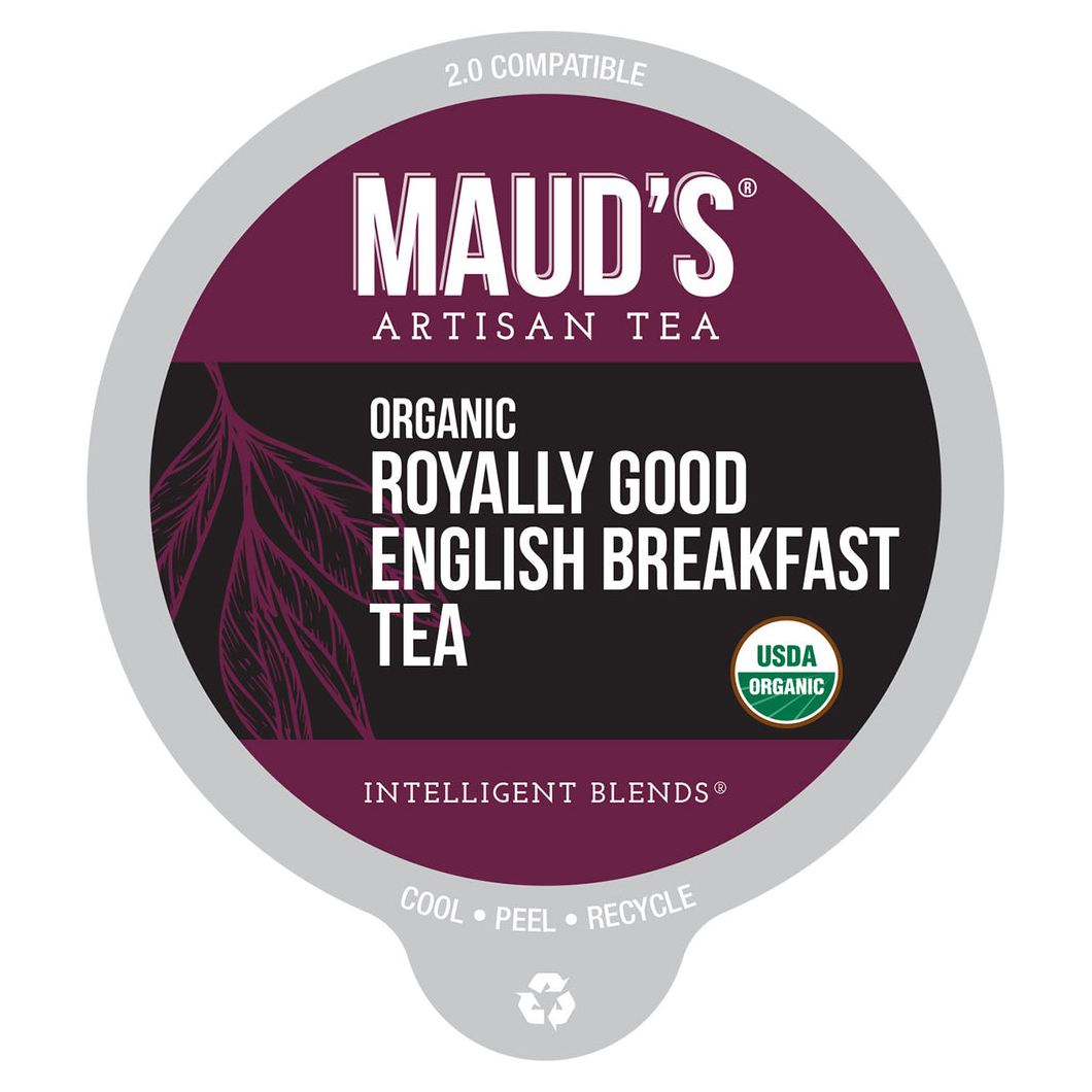 Maud's Artisan Tea offers 100ct Organic Royally Good English Breakfast Tea Pods, which are 2.0 compatible and USDA Organic certified. The pods are designed for easy recycling with instructions to cool, peel, and recycle.