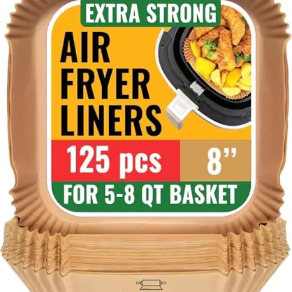 Extra strong air fryer liners, 125 pieces, 8 inches, suitable for 5-8 quart baskets.