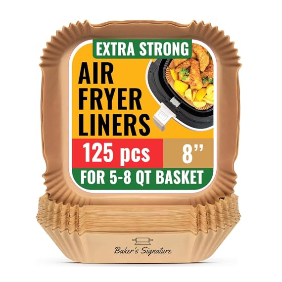 Extra strong air fryer liners, 125 pieces, 8 inches, suitable for 5-8 quart baskets.