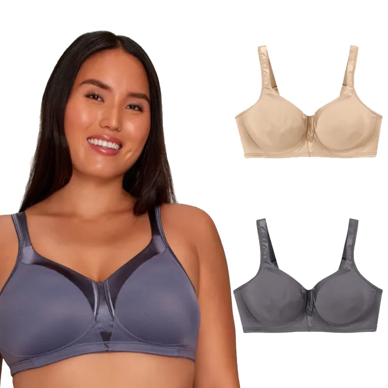 A woman wearing a gray full-coverage bra is shown next to two bras: one beige and one gray, both with underwire support and wide straps.