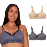 A woman wearing a gray full-coverage bra is shown next to two bras: one beige and one gray, both with underwire support and wide straps.