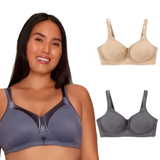 A woman wearing a gray full-coverage bra is shown next to two bras: one beige and one gray, both with underwire support and wide straps.
